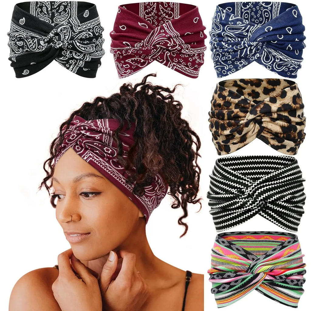 6-Pack Boho Wide Headbands for Women – Stretchy, Non-Slip Yoga & Workout Hair Wraps