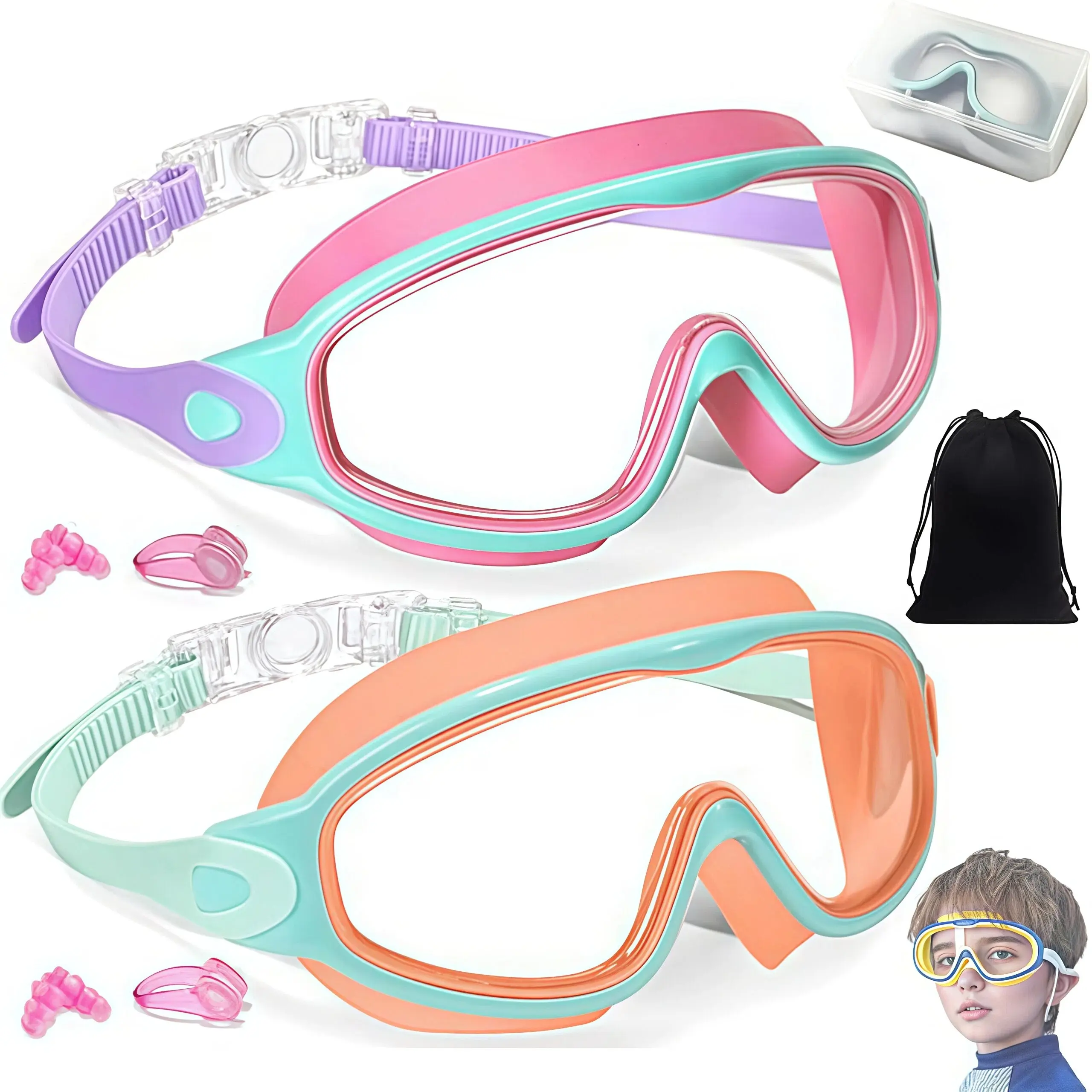 2 Pack Kids Swim Goggles for 3-15+ UV Protection Anti-Fog High Definition