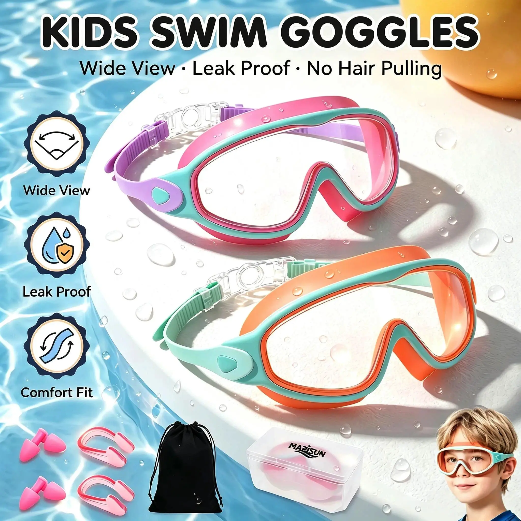 2 Pack Kids Swim Goggles for 3-15+ UV Protection Anti-Fog High Definition