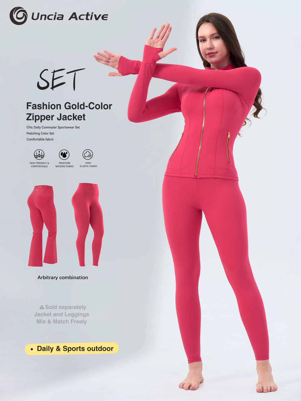Women's Sporty Tracksuit Set – Gold Zipper Jacket & Yoga Leggings | Soft Brushed Casual Activewear