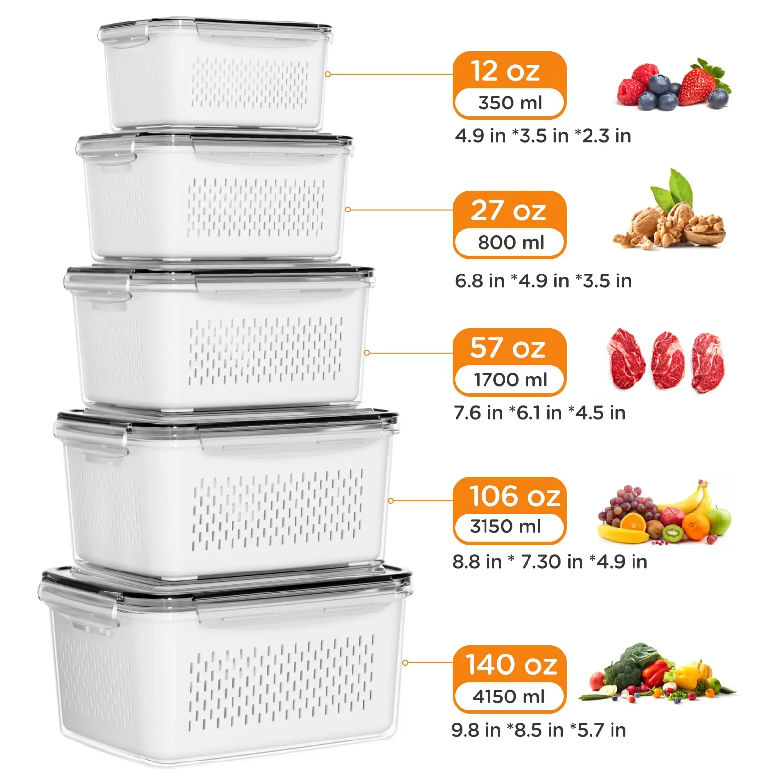 5-Piece Airtight Fruit & Vegetable Storage Containers for Fridge | BPA-Free with Removable Colander, Stackable Fridge Organizer