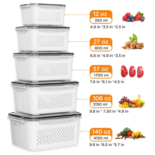 5-Piece Airtight Fruit & Vegetable Storage Containers for Fridge | BPA-Free with Removable Colander, Stackable Fridge Organizer