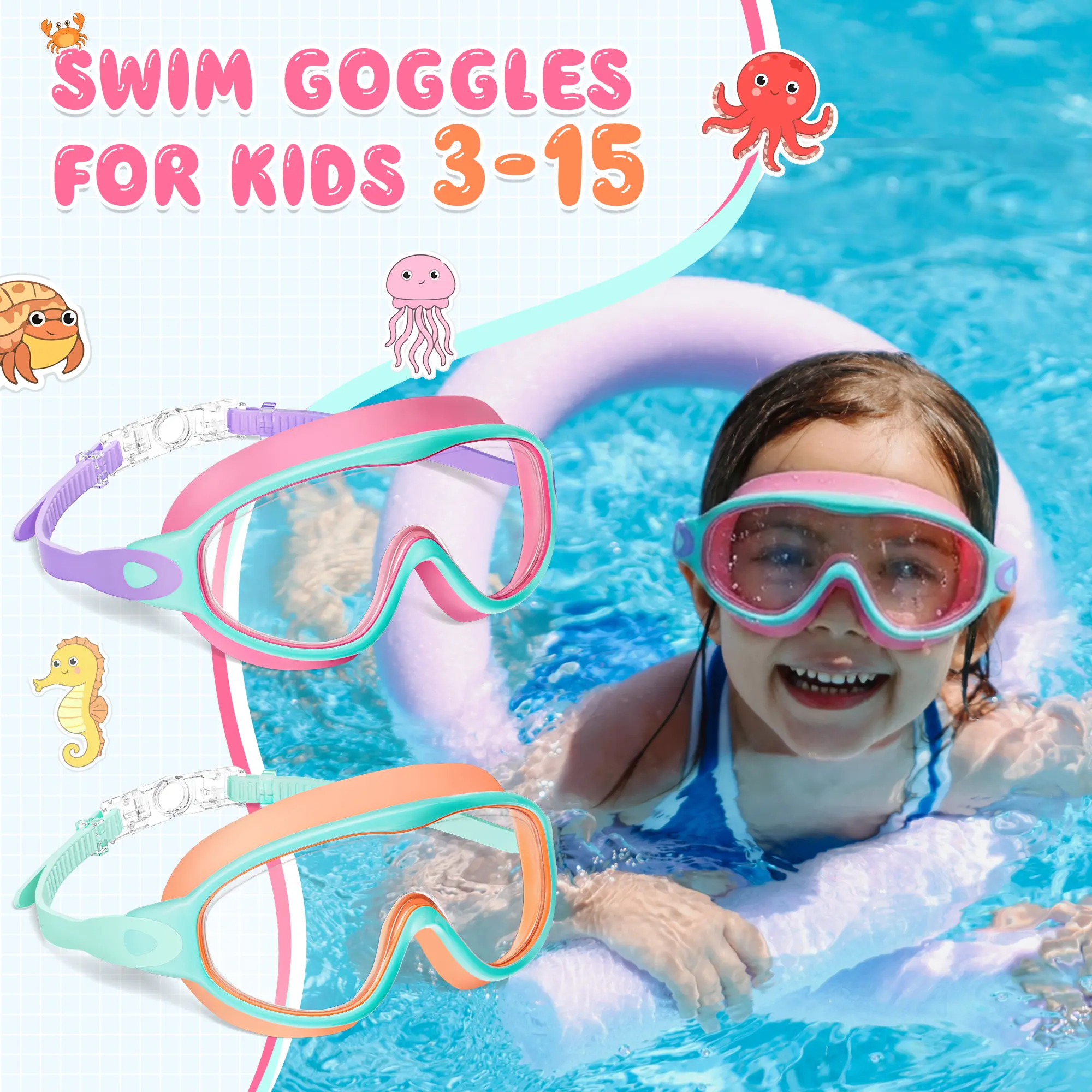 2 Pack Kids Swim Goggles for 3-15+ UV Protection Anti-Fog High Definition