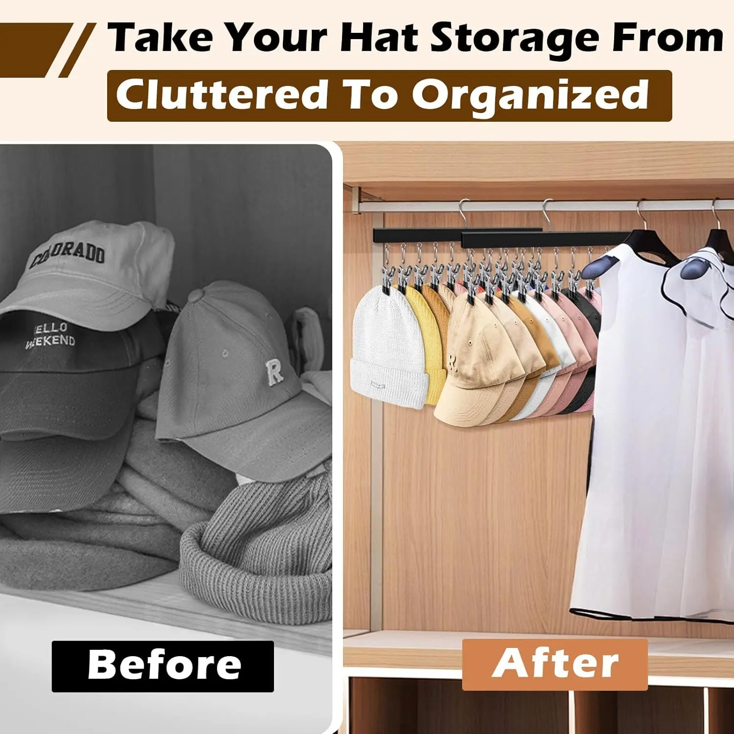 Wooden Hat Organizer with Steel Clips – Multi-Pack Closet Storage