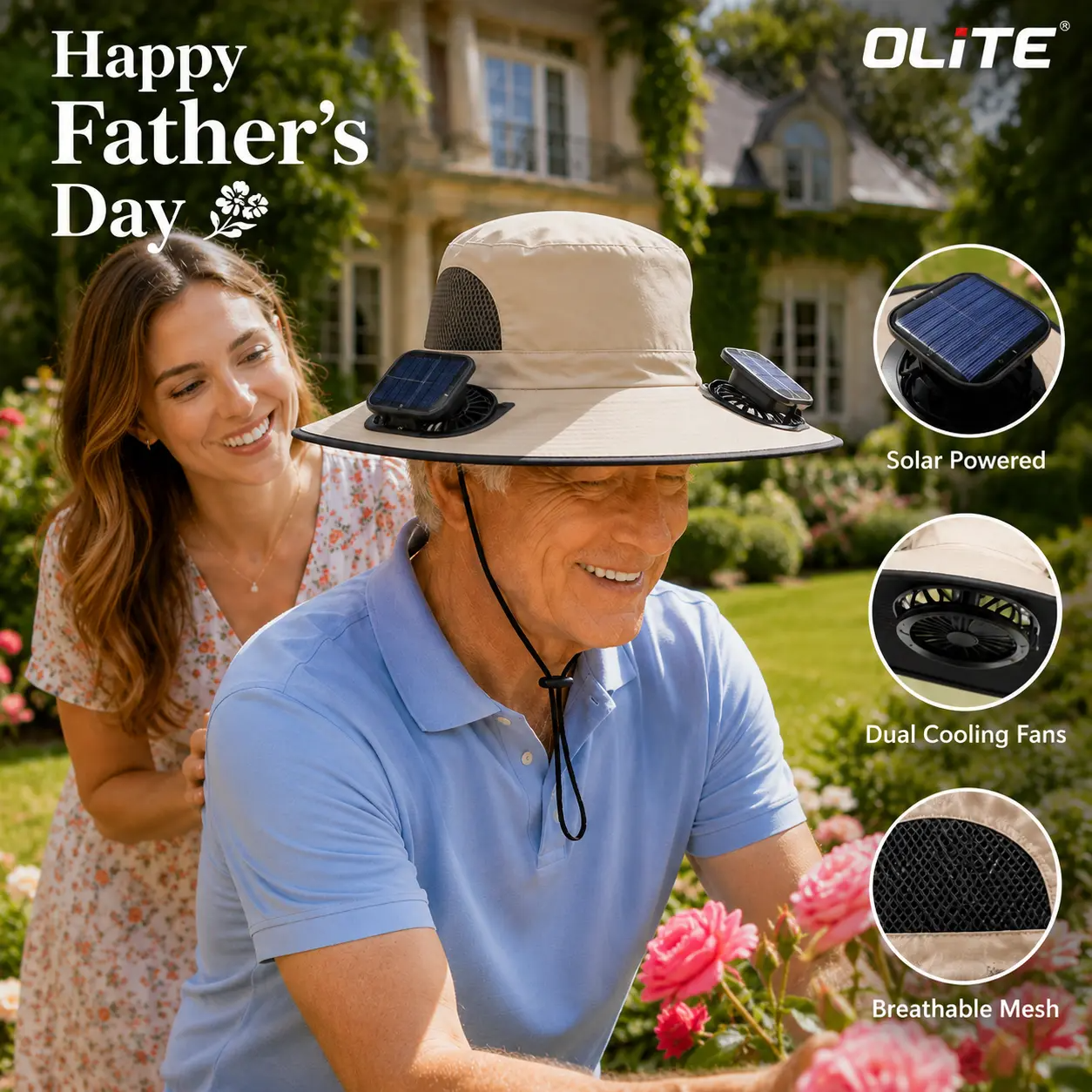 Men's Wireless Solar Fan Hat, Solid Wide Brim Sun Hat with 2 Cooling Fans & USB Charging for Fishing
