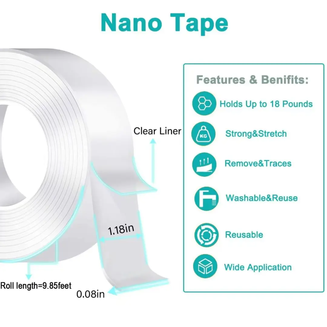 Ultra-strong Double Sided Adhesive Nano Tape Heavy Duty Transparent Reusable