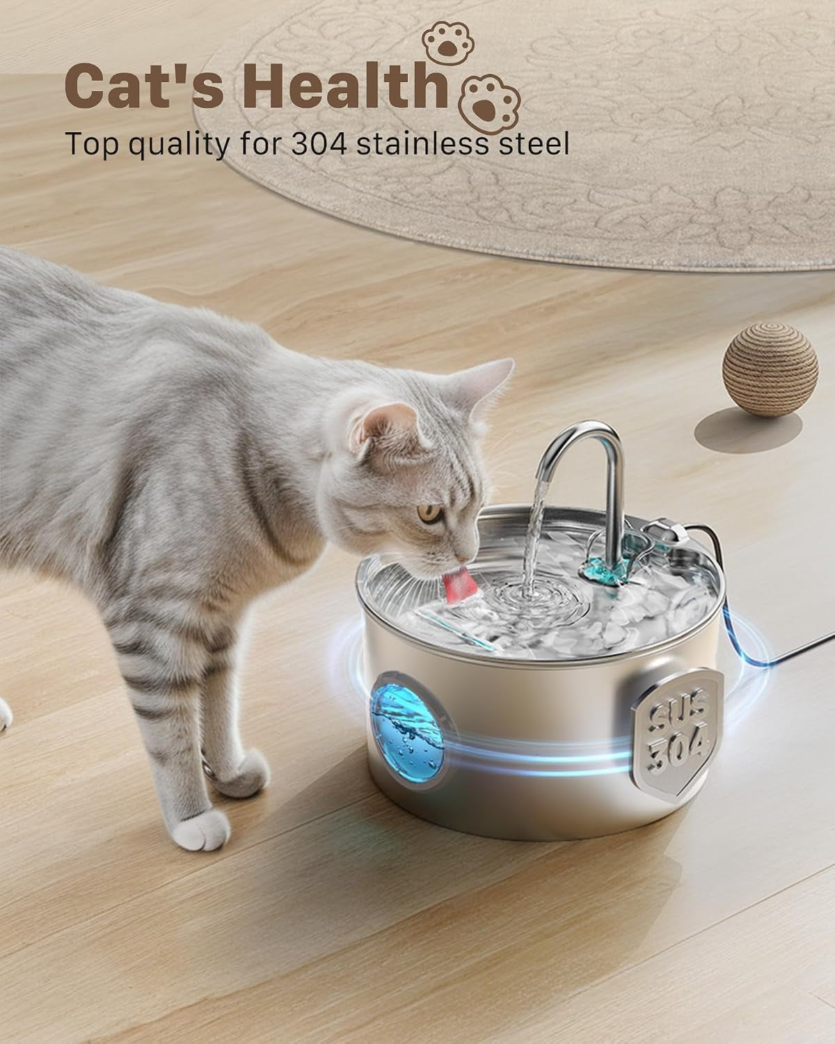 Cat Water Fountain Stainless Steel: 74oz/2.2L Cat Fountain for Drinking - Pet Water Fountain for Cats Inside