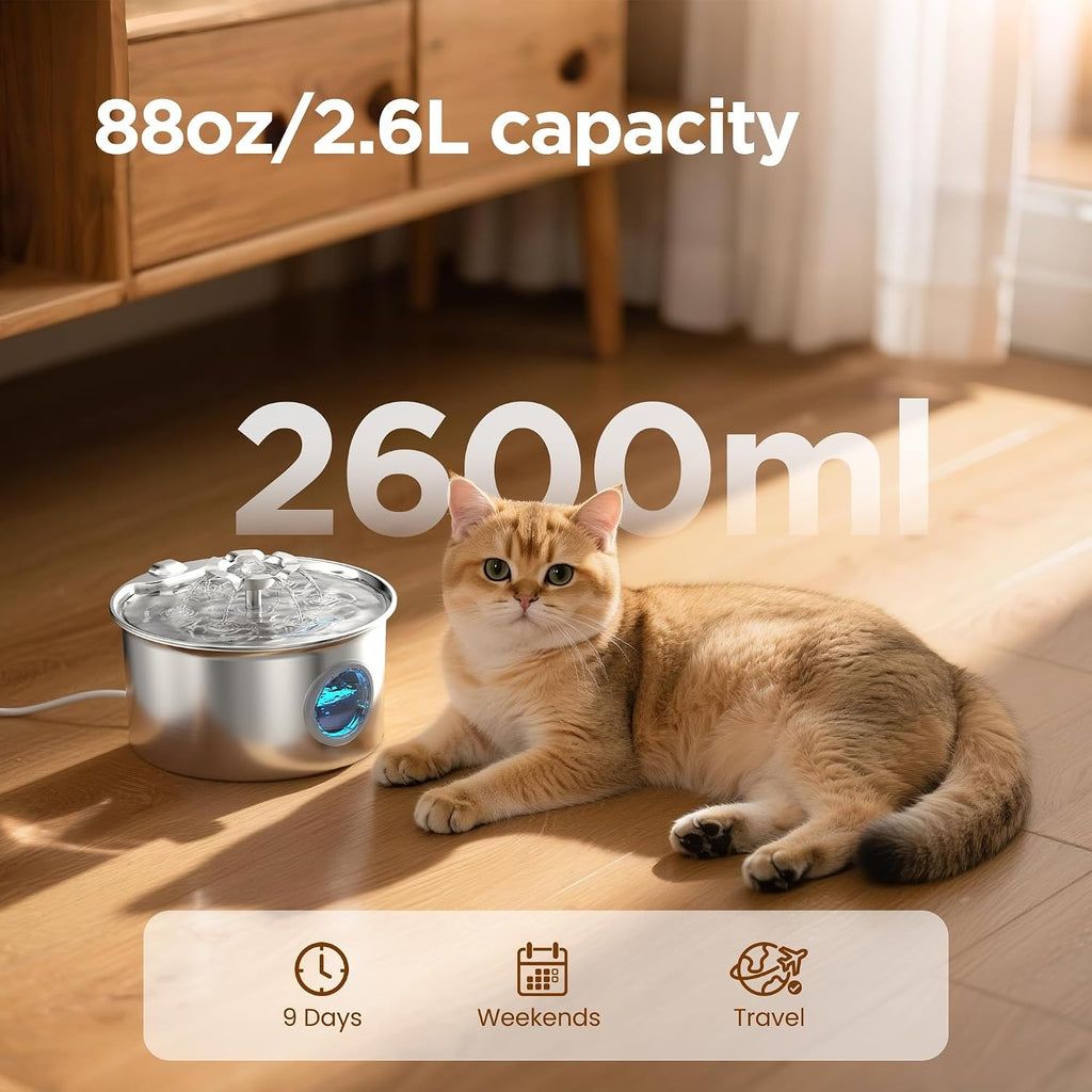 Stainless Steel Cat Water Fountain: 88oz/2.6L Cat Fountain for Drinking