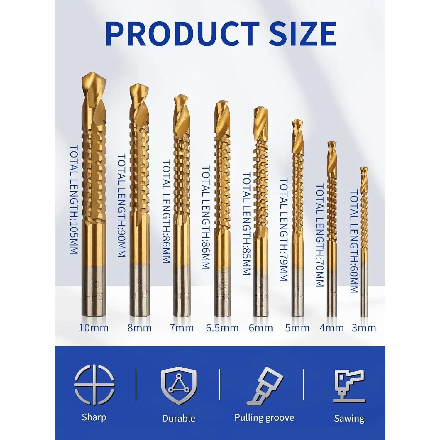 8 Pack Titanium GJANSH Coated HSS Twist Drill Bits