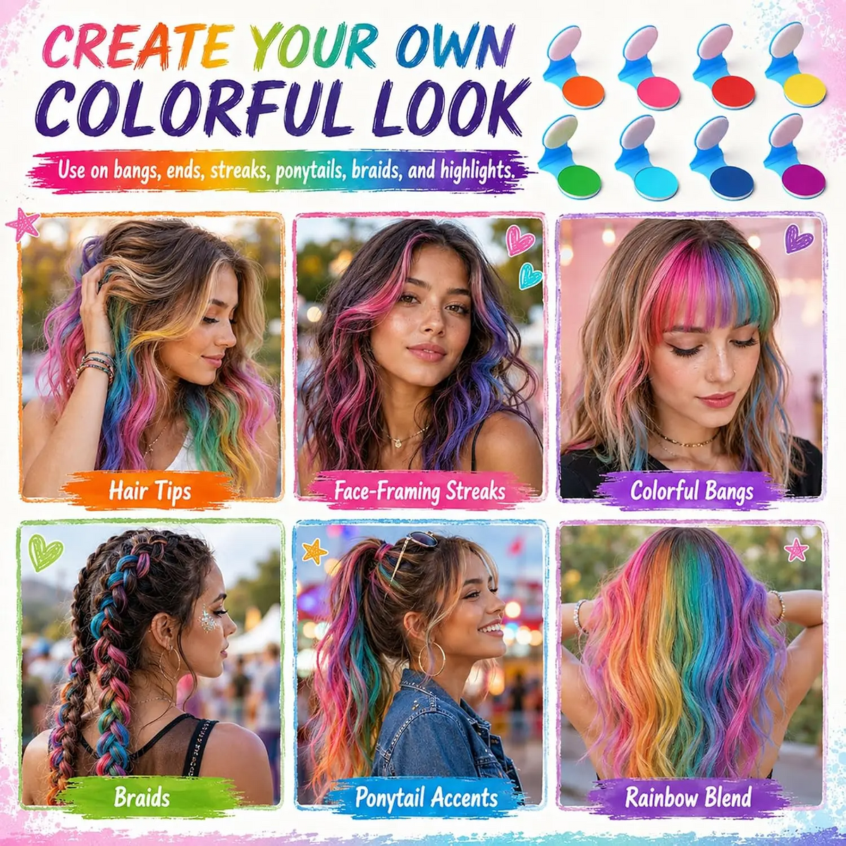 Temporary Hair Chalk Set | 6 or 12 Colors | Easy Wash-Off | Kids Safe