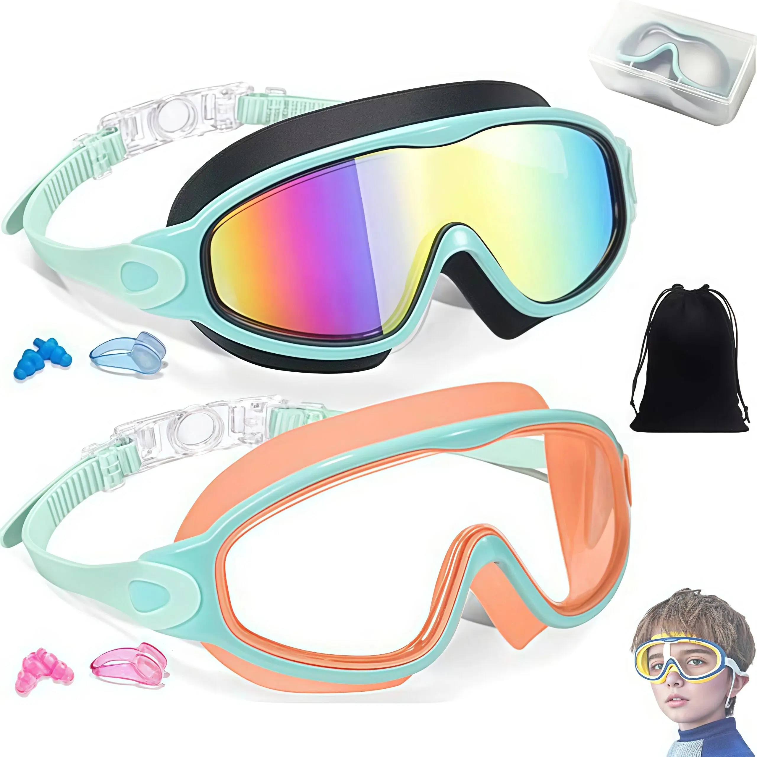2 Pack Kids Swim Goggles for 3-15+ UV Protection Anti-Fog High Definition