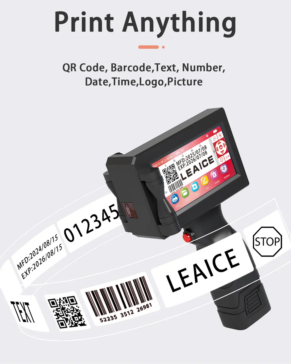Handheld Inkjet Printer, 1 inch/25.4 mm Print Height Handheld Printer Gun with Quick-Drying Ink Cartridge for Batch Number Date QR Codes Barcodes Labels Logo Printing on Diverse Materials