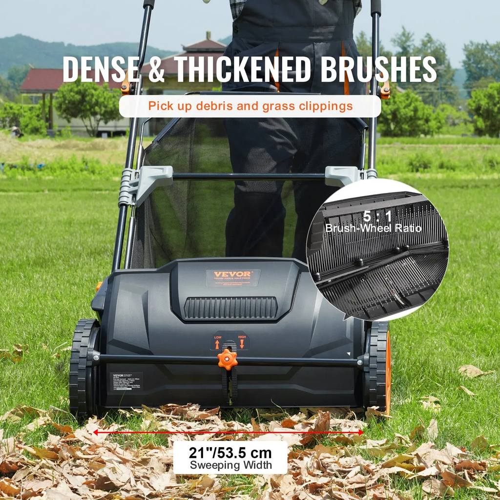 VEVOR Push & Tow-Behind Lawn Sweeper | 21"–52" | 3.5 cu.ft Hopper | Leaf & Grass Collector