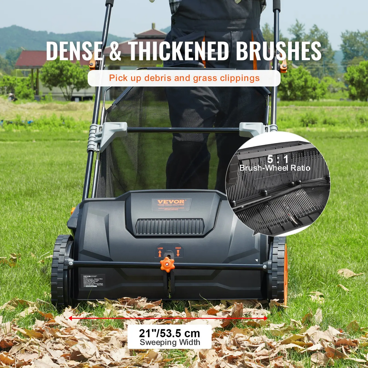 VEVOR Push & Tow-Behind Lawn Sweeper | 21"–52" | 3.5 cu.ft Hopper | Leaf & Grass Collector
