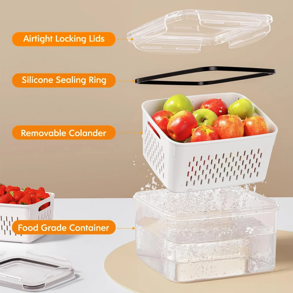5-Piece Airtight Fruit & Vegetable Storage Containers for Fridge | BPA-Free with Removable Colander, Stackable Fridge Organizer