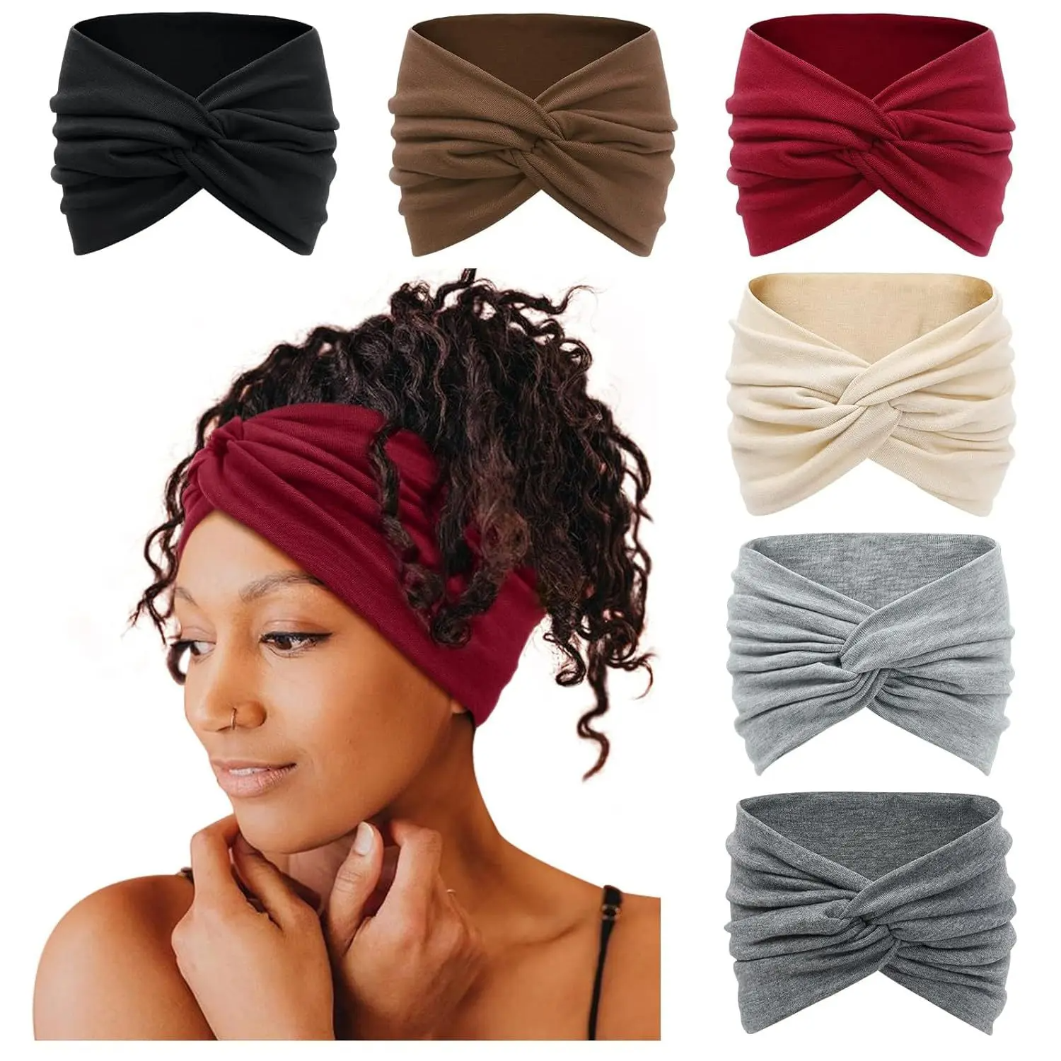 6-Pack Boho Wide Headbands for Women – Stretchy, Non-Slip Yoga & Workout Hair Wraps