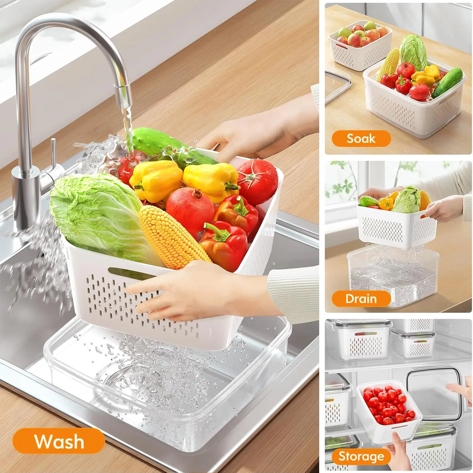 5-Piece Airtight Fruit & Vegetable Storage Containers for Fridge | BPA-Free with Removable Colander, Stackable Fridge Organizer