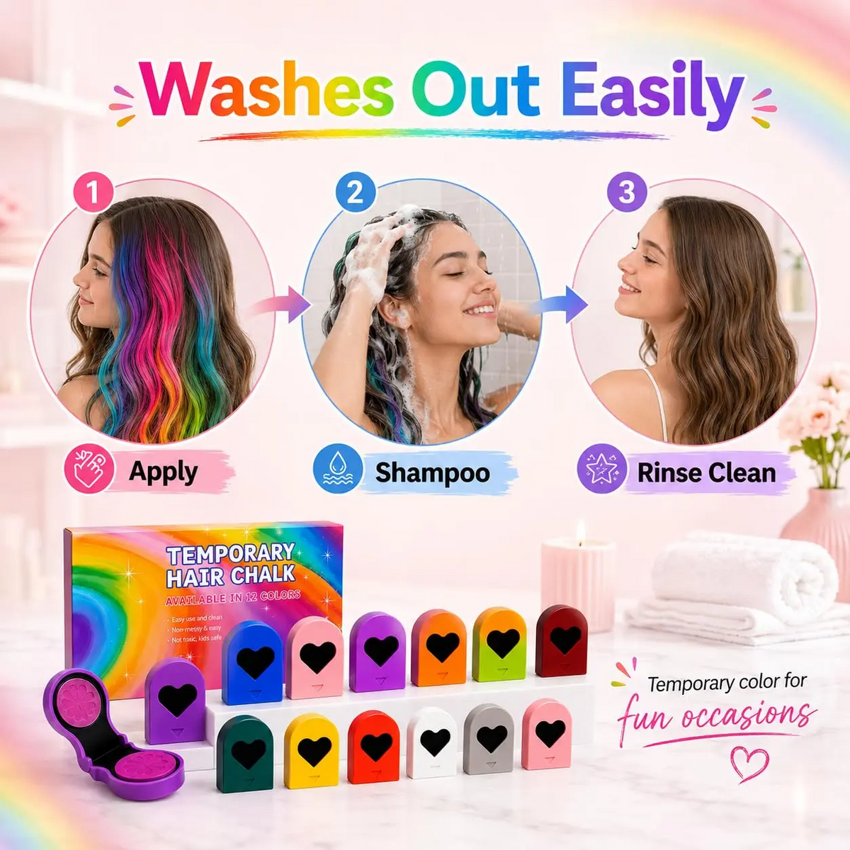 Temporary Hair Chalk Set | 6 or 12 Colors | Easy Wash-Off | Kids Safe