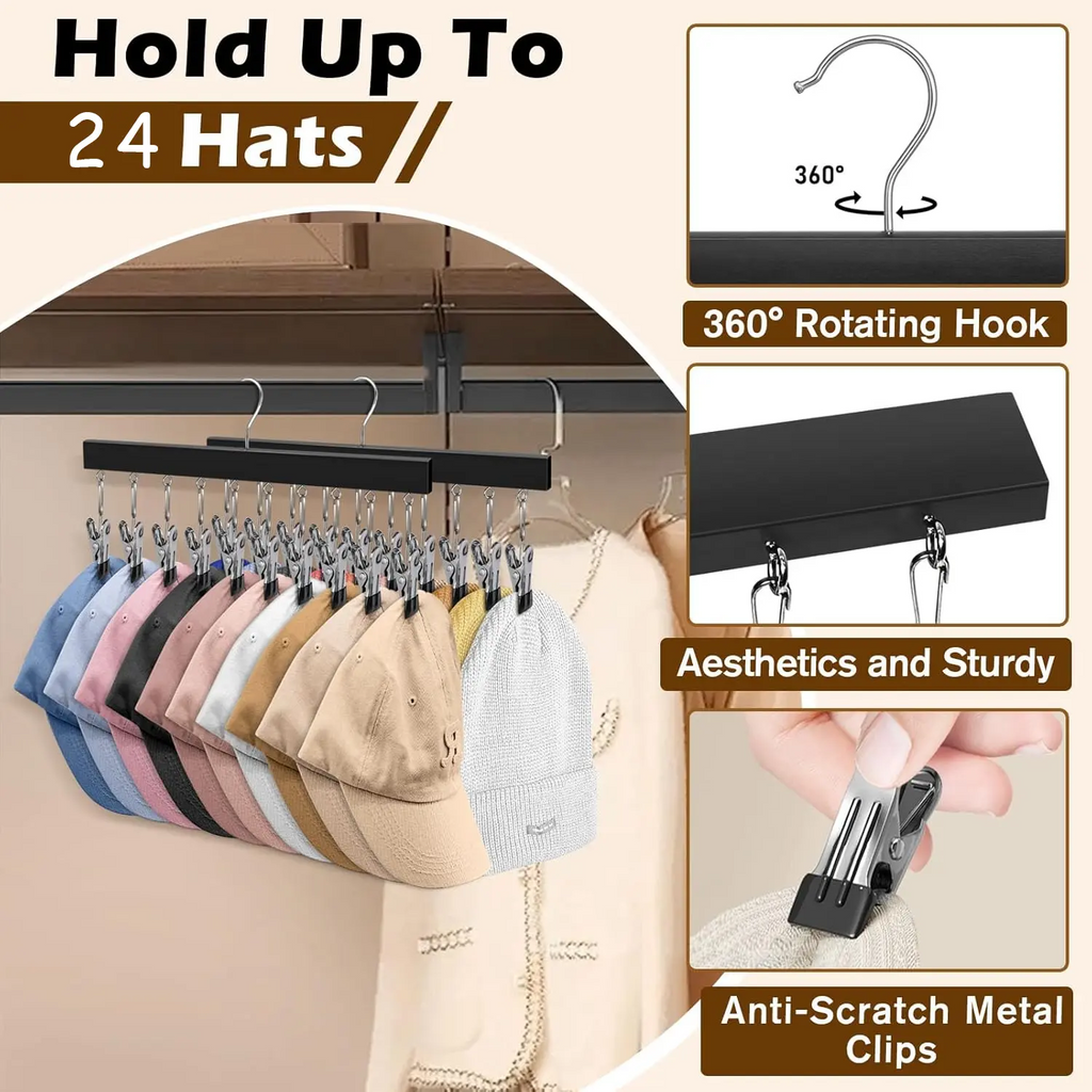 Wooden Hat Organizer with Steel Clips – Multi-Pack Closet Storage