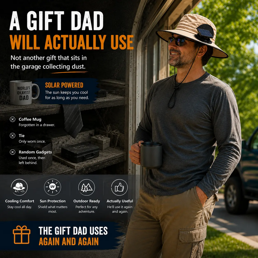 Men's Wireless Solar Fan Hat, Solid Wide Brim Sun Hat with 2 Cooling Fans & USB Charging for Fishing