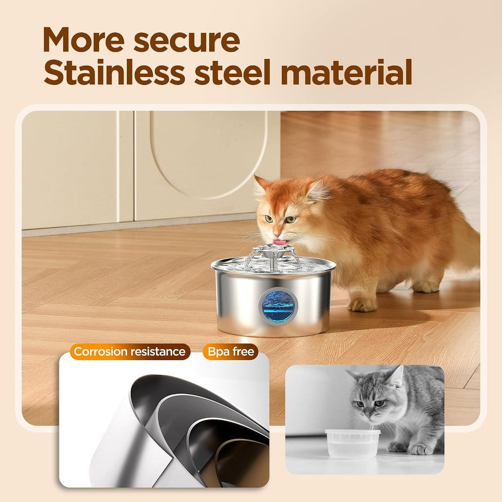 Stainless Steel Cat Water Fountain: 88oz/2.6L Cat Fountain for Drinking