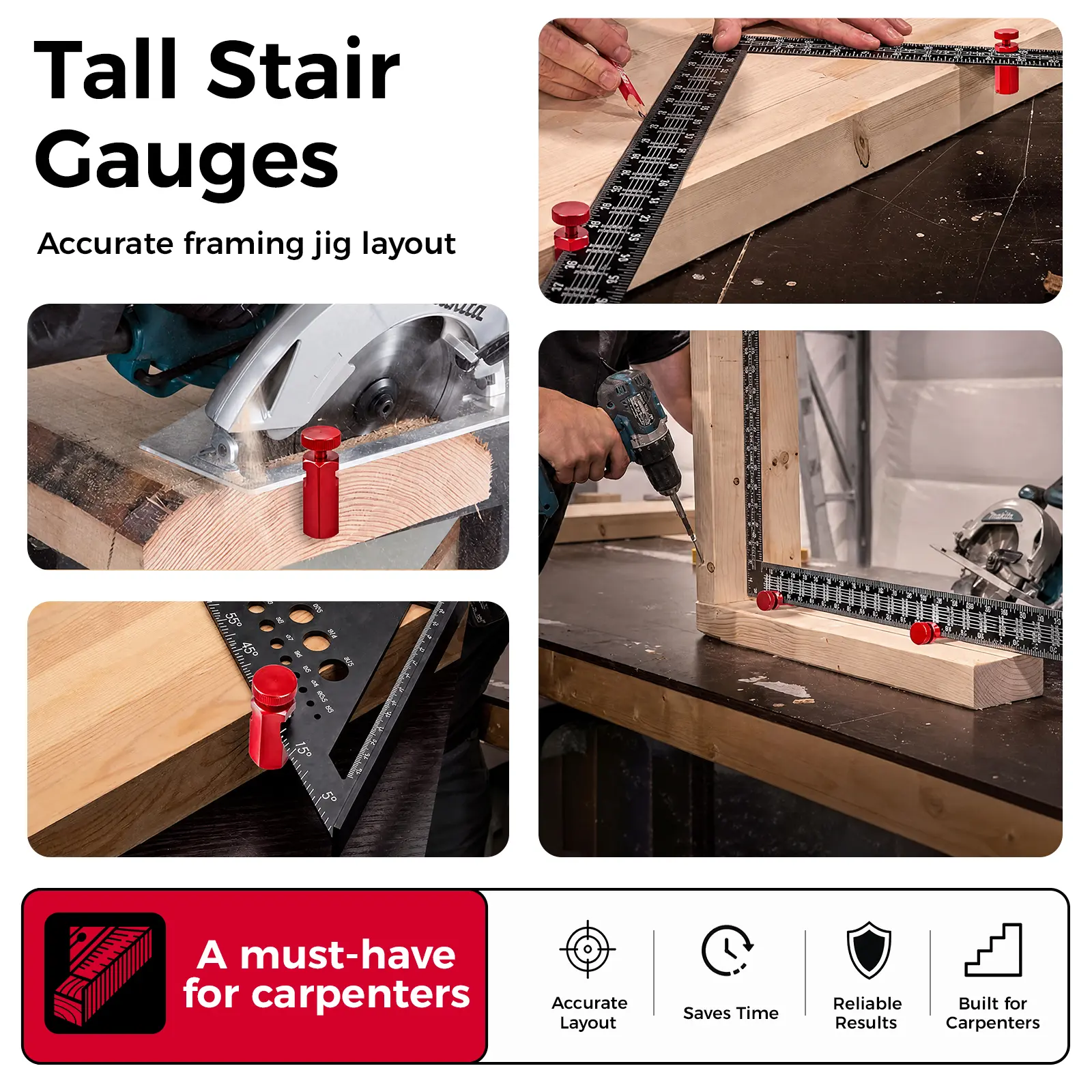 Tall Stair Gauges for Framing Square with Holder and Hook