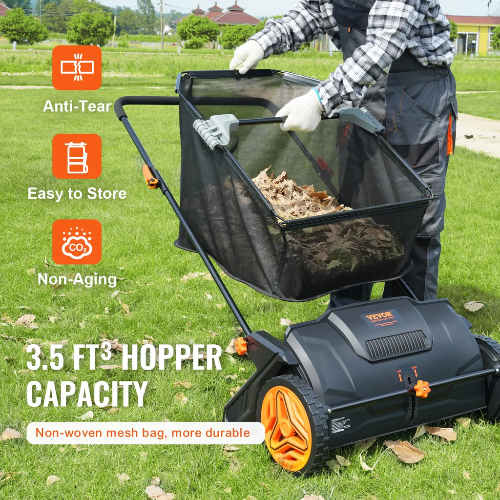 VEVOR Push & Tow-Behind Lawn Sweeper | 21"–52" | 3.5 cu.ft Hopper | Leaf & Grass Collector