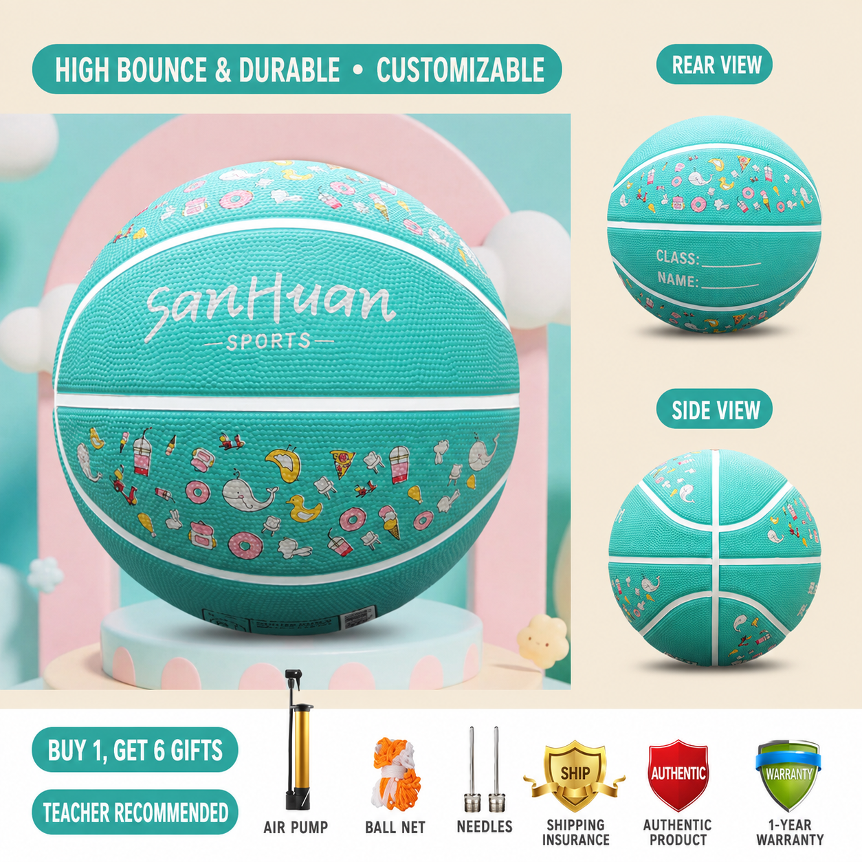 Animal Print Rubber Basketball – Pink, Mint Green & Blue | Size 5 | Kids & Girls