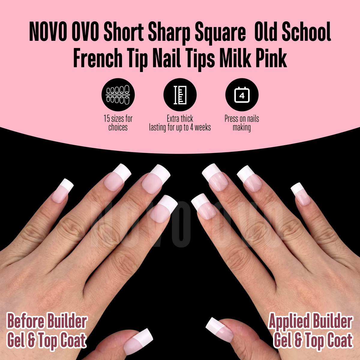 Press-On French Tip Nails 240-Pack | Wide Square Tip | 3 Colors | 15 Sizes