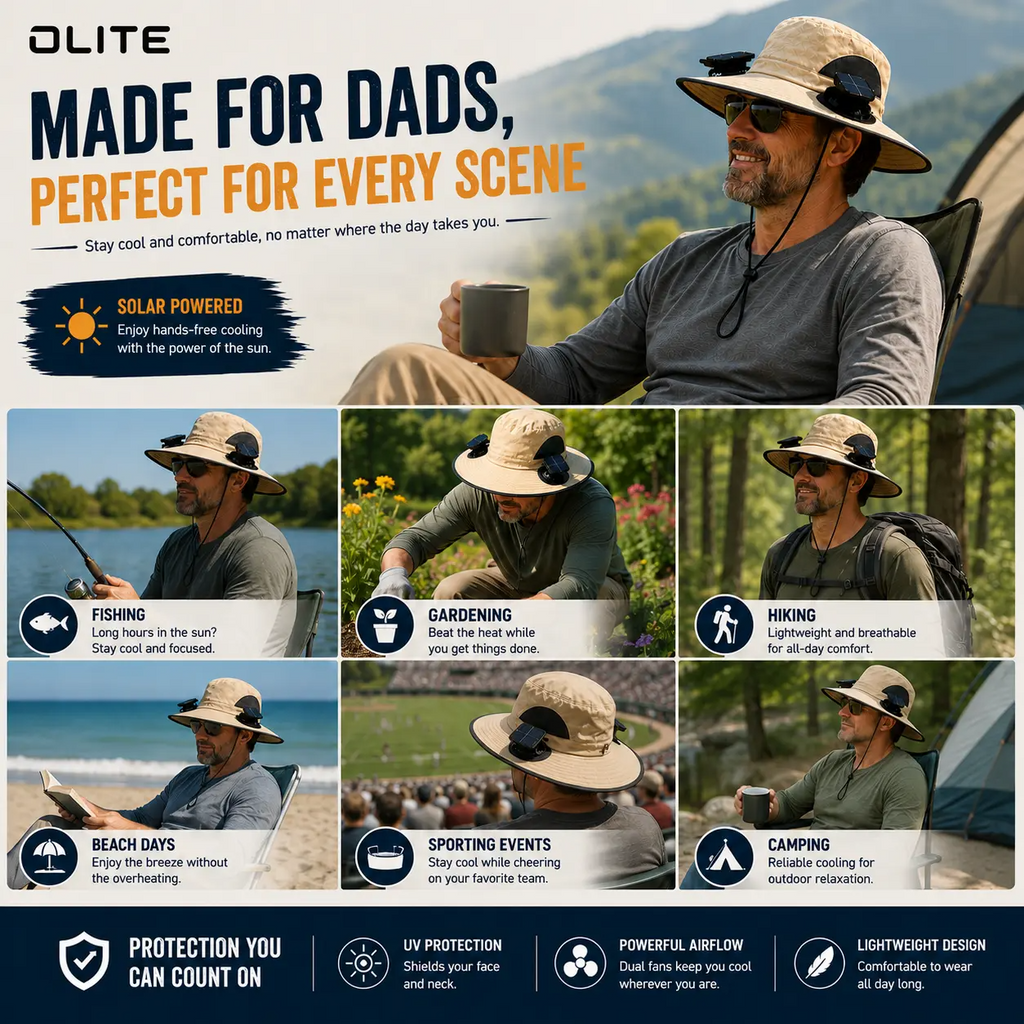 Men's Wireless Solar Fan Hat, Solid Wide Brim Sun Hat with 2 Cooling Fans & USB Charging for Fishing