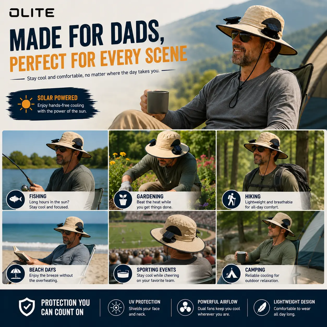 Men's Wireless Solar Fan Hat, Solid Wide Brim Sun Hat with 2 Cooling Fans & USB Charging for Fishing