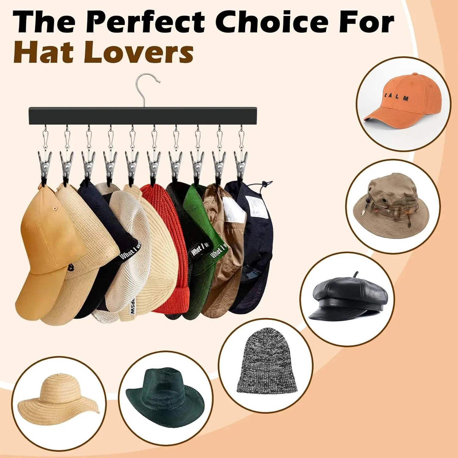 Wooden Hat Organizer with Steel Clips – Multi-Pack Closet Storage