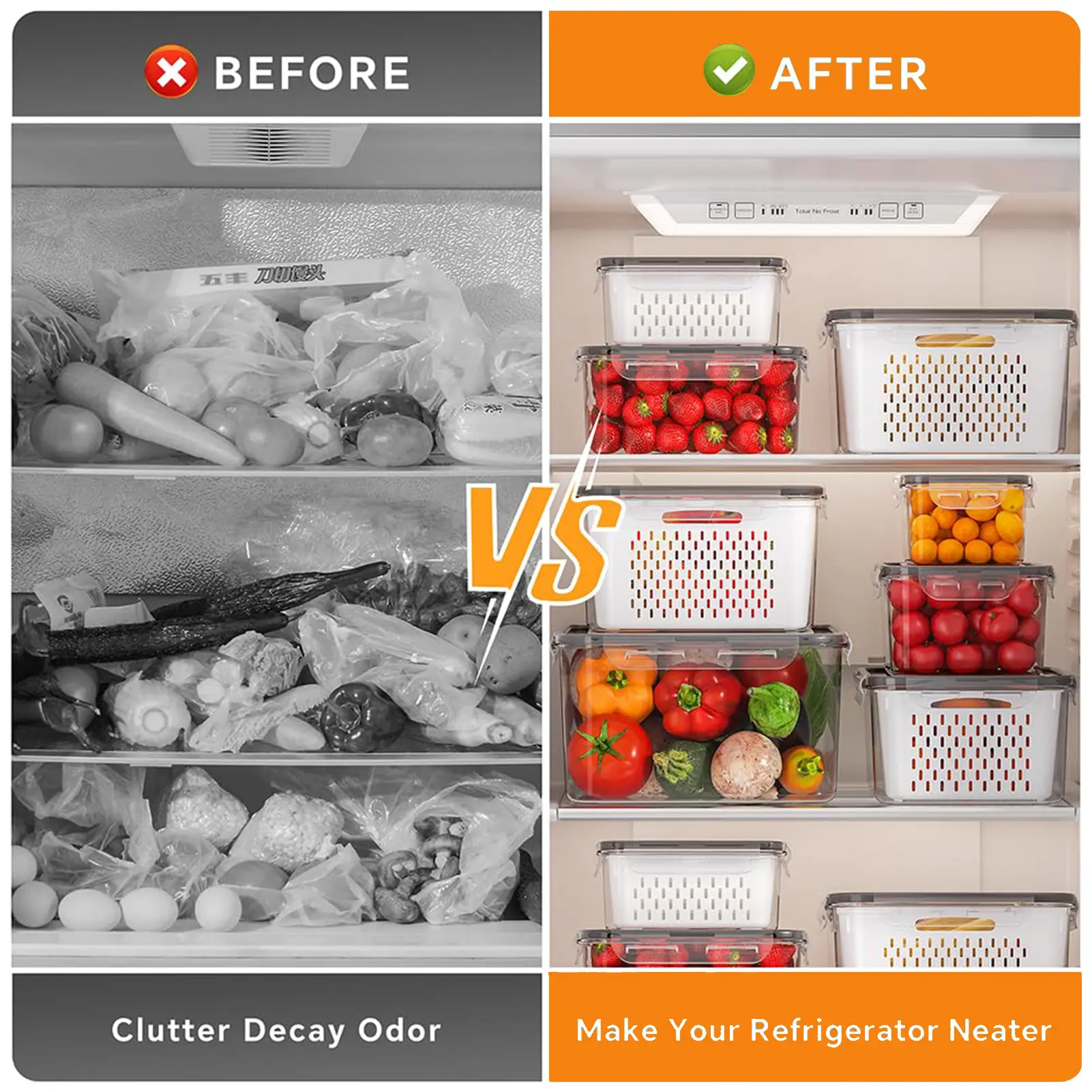 5-Piece Airtight Fruit & Vegetable Storage Containers for Fridge | BPA-Free with Removable Colander, Stackable Fridge Organizer