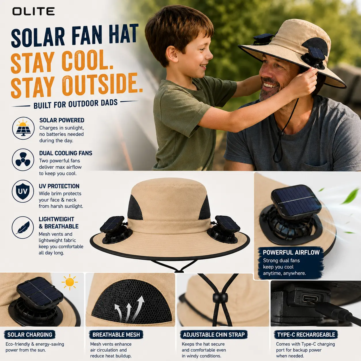 Men's Wireless Solar Fan Hat, Solid Wide Brim Sun Hat with 2 Cooling Fans & USB Charging for Fishing