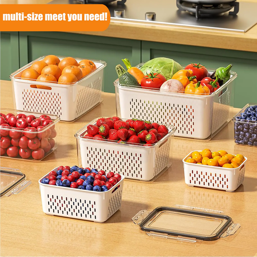 5-Piece Airtight Fruit & Vegetable Storage Containers for Fridge | BPA-Free with Removable Colander, Stackable Fridge Organizer