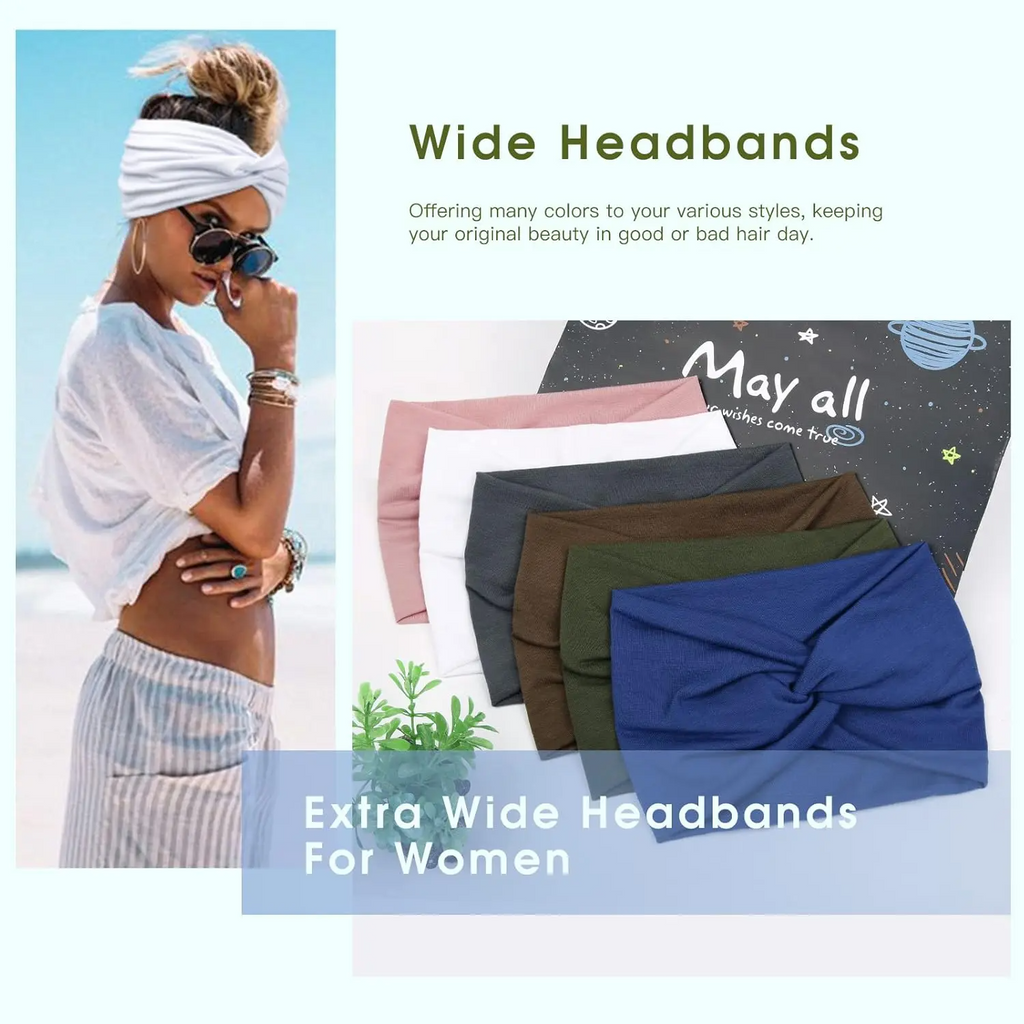 6-Pack Boho Wide Headbands for Women – Stretchy, Non-Slip Yoga & Workout Hair Wraps