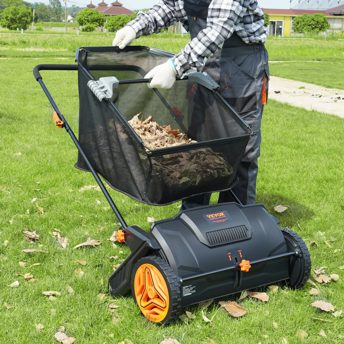 VEVOR Push & Tow-Behind Lawn Sweeper | 21"–52" | 3.5 cu.ft Hopper | Leaf & Grass Collector