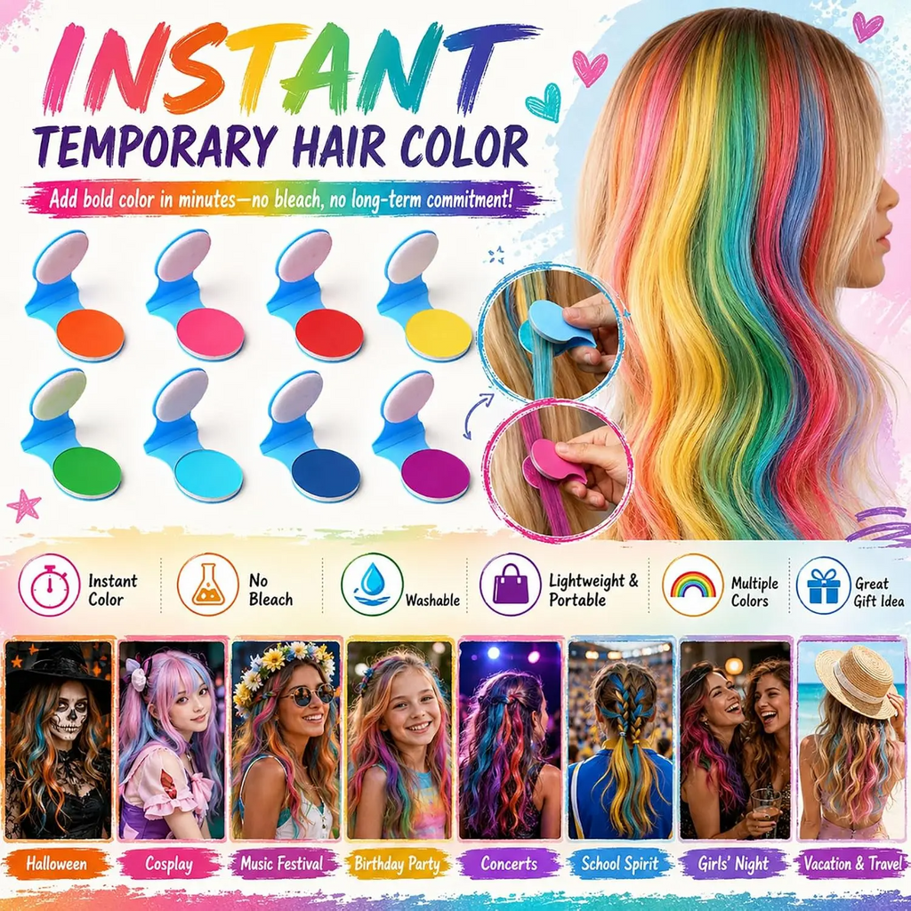 Temporary Hair Chalk Set | 6 or 12 Colors | Easy Wash-Off | Kids Safe