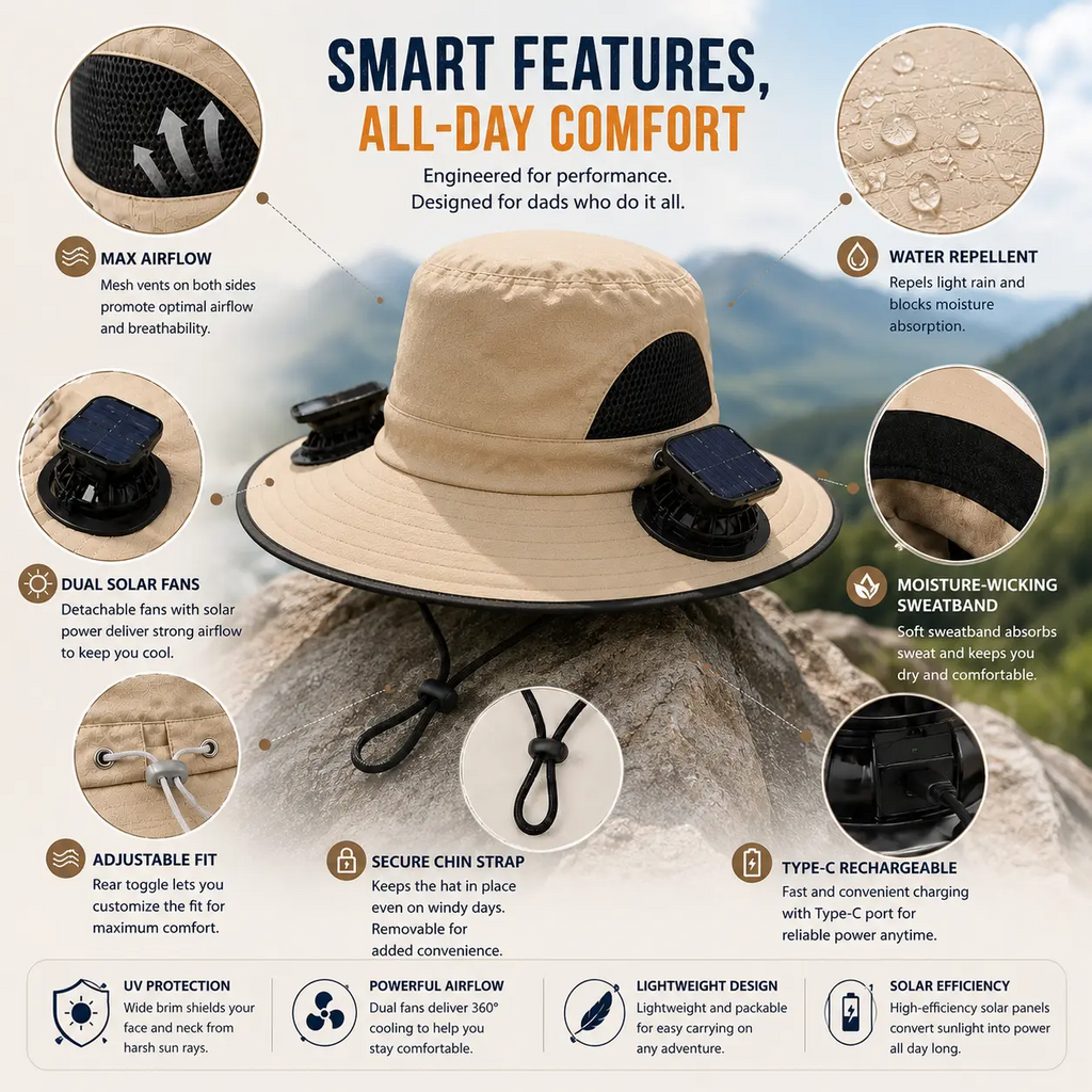 Men's Wireless Solar Fan Hat, Solid Wide Brim Sun Hat with 2 Cooling Fans & USB Charging for Fishing