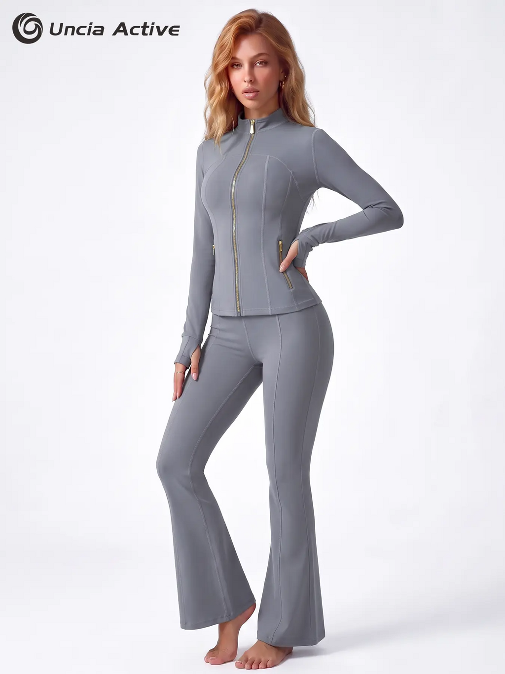Women's Sporty Tracksuit Set – Gold Zipper Jacket & Yoga Leggings | Soft Brushed Casual Activewear