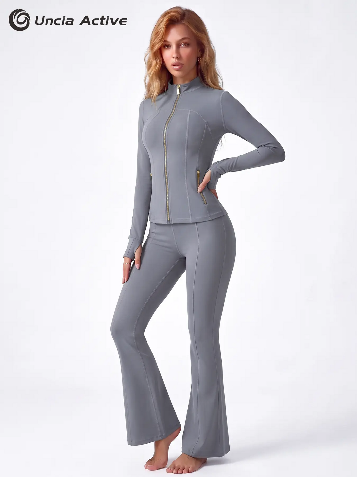 Women's Sporty Tracksuit Set – Gold Zipper Jacket & Yoga Leggings | Soft Brushed Casual Activewear