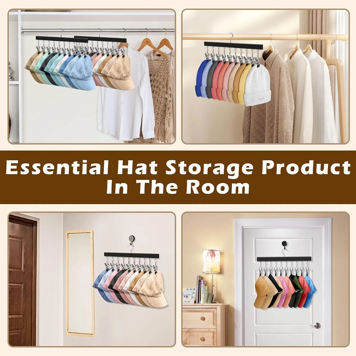 Wooden Hat Organizer with Steel Clips – Multi-Pack Closet Storage