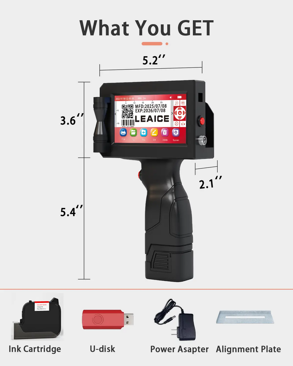 Handheld Inkjet Printer, 1 inch/25.4 mm Print Height Handheld Printer Gun with Quick-Drying Ink Cartridge for Batch Number Date QR Codes Barcodes Labels Logo Printing on Diverse Materials