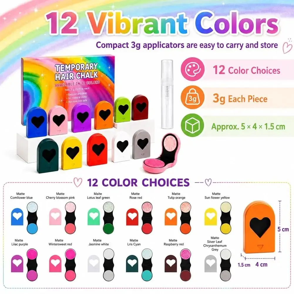 Temporary Hair Chalk Set | 6 or 12 Colors | Easy Wash-Off | Kids Safe
