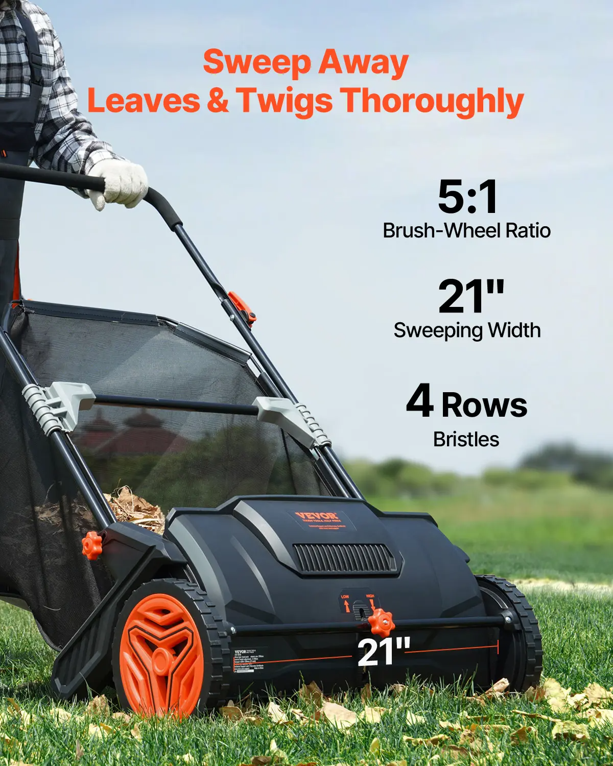 VEVOR Push & Tow-Behind Lawn Sweeper | 21"–52" | 3.5 cu.ft Hopper | Leaf & Grass Collector
