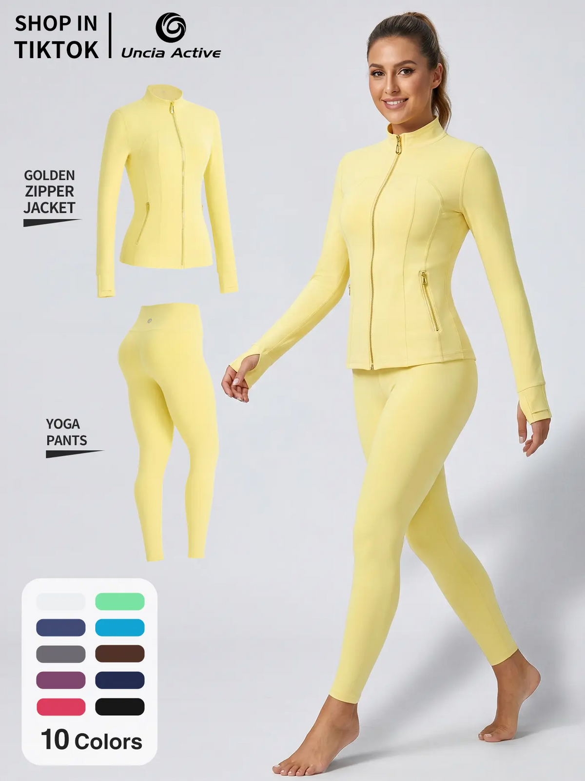 Women's Sporty Tracksuit Set – Gold Zipper Jacket & Yoga Leggings | Soft Brushed Casual Activewear