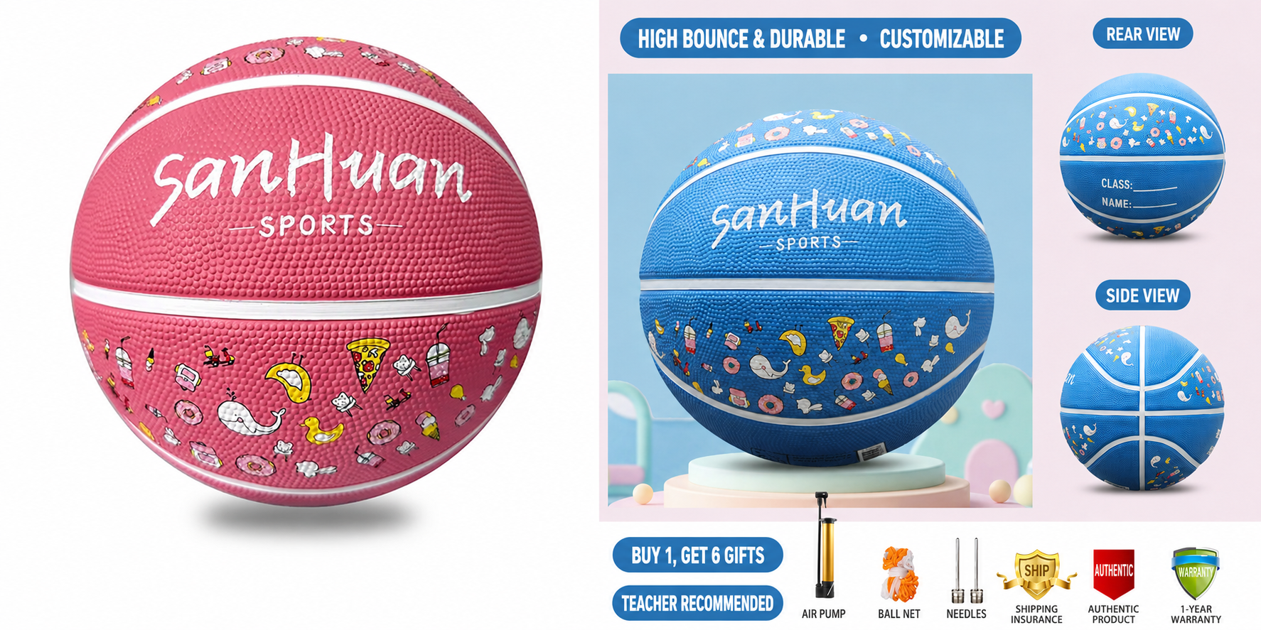 Animal Print Rubber Basketball – Pink, Mint Green & Blue | Size 5 | Kids & Girls