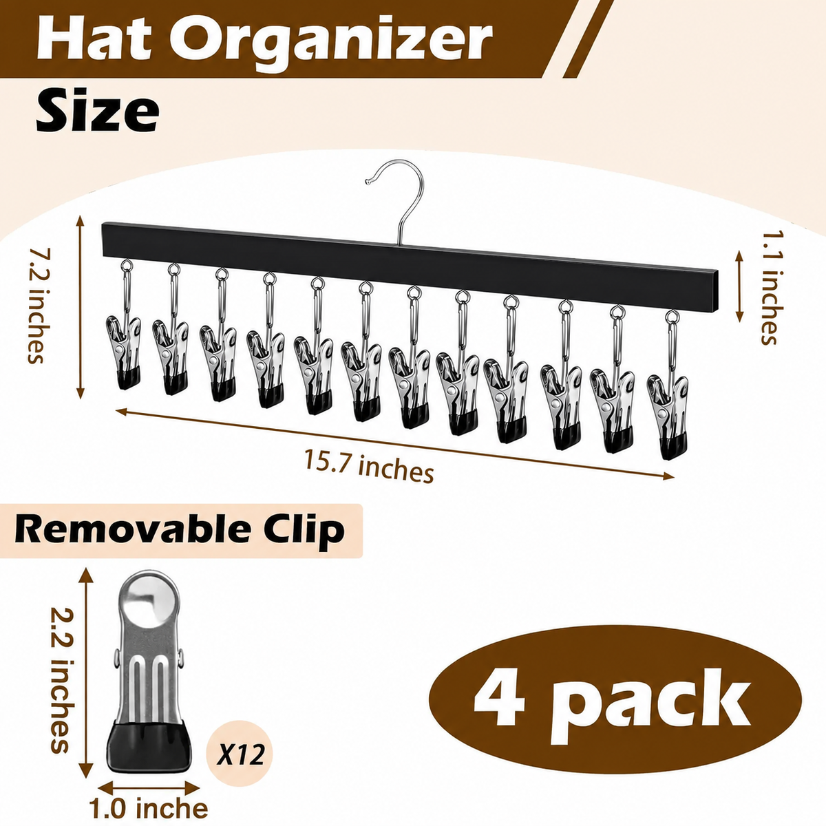 Wooden Hat Organizer with Steel Clips – Multi-Pack Closet Storage
