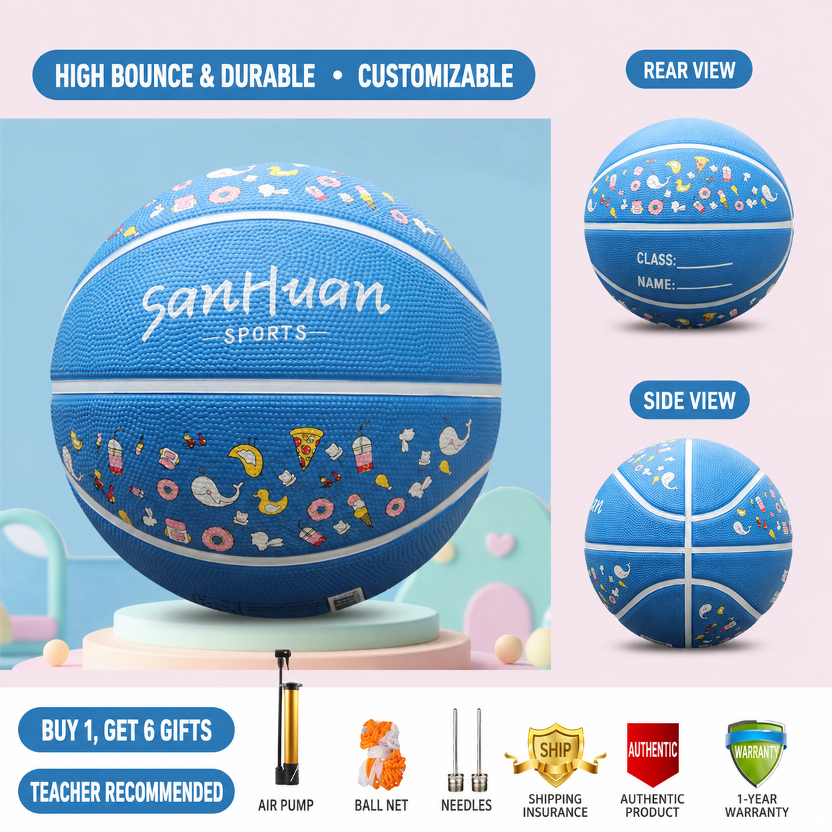 Animal Print Rubber Basketball – Pink, Mint Green & Blue | Size 5 | Kids & Girls